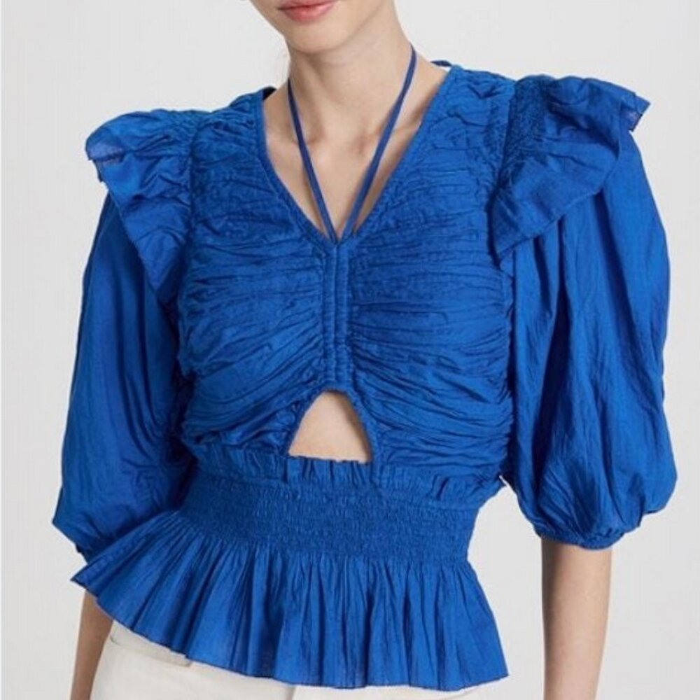 NWT Sea New York Paco Solid Puff Sleeve Top in Blue Size XS